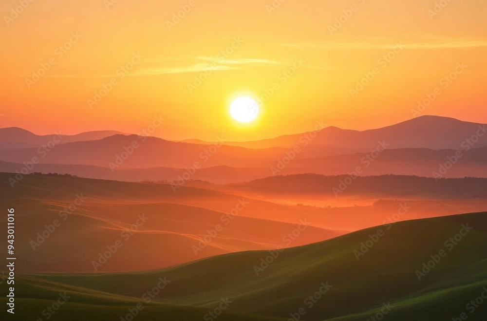 Fototapeta premium Sunset Over Silhouetted Hills and Valleys