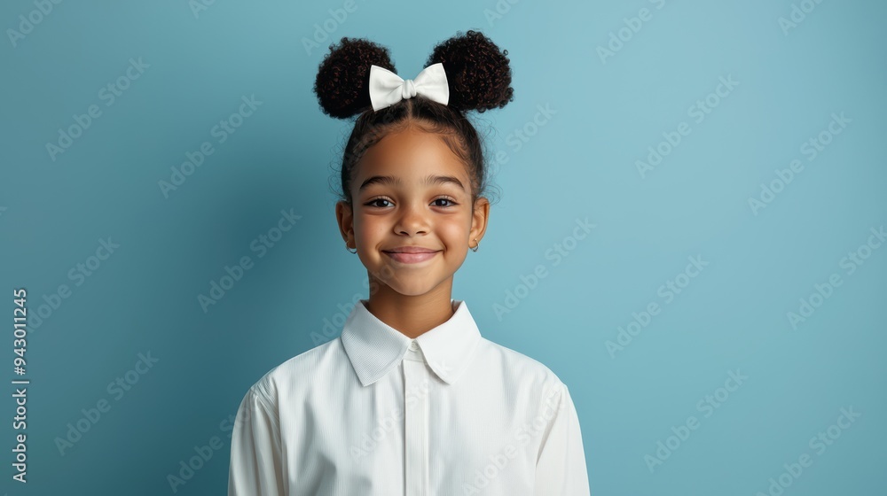 Smiling girl with curly hair and bow, wearing white shirt against blue background. Her expression radiates joy and confidence. Smiling girl with curly hair and bow, wearing white shirt against blue background. Her expression radiates joy and confidence.