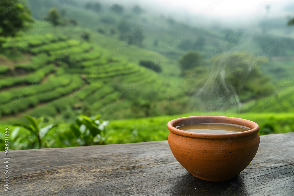 Steaming cup of masala chai in a traditional clay cup with aromatic spices, served in a rustic, warm setting Steaming cup of masala chai in a traditional clay cup with aromatic spices, served in a rustic, warm setting