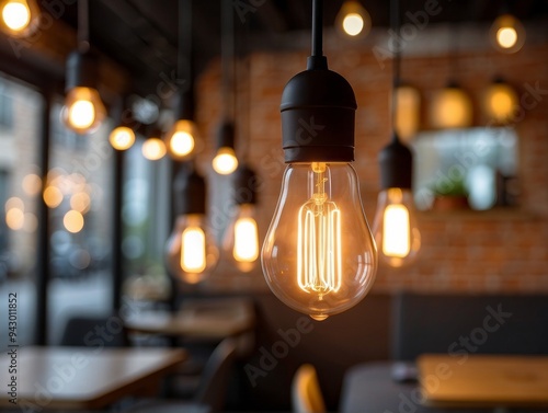 Illuminated Edison Bulb Hanging in a Cafe Setting