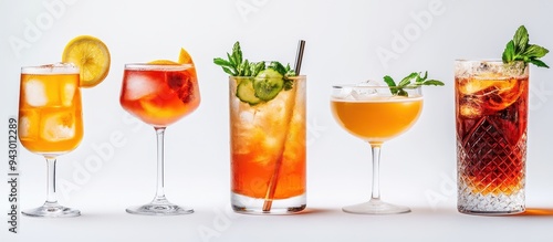 Assorted Refreshing Summer Cocktails in Elegant Glasses with Fresh Garnishes on White Background