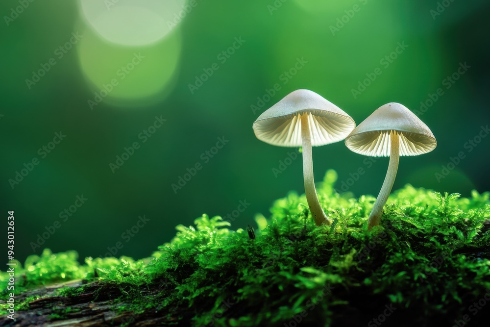 Mushrooms on a Moss-Covered Log in a Forest Mushrooms on a Moss-Covered Log in a Forest