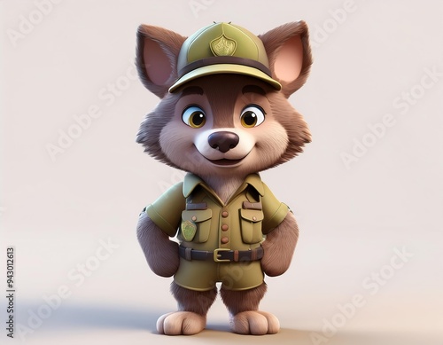 3D friendly wolf in a ranger uniform stands at attention