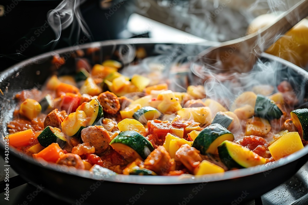 Steaming grilled vegetables, carrot, green bean, broccoli, pepper dish. Sizzling hot plate of stir fry colorful veggie mix. Frying pan with healthy food meal. Ratatouille with smoke steam preparation Steaming grilled vegetables, carrot, green bean, broccoli, pepper dish. Sizzling hot plate of stir fry colorful veggie mix. Frying pan with healthy food meal. Ratatouille with smoke steam preparation