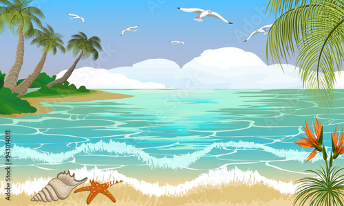 Sea beach with palm trees.Color vector illustration with palm trees and flowers on the sea coast.
