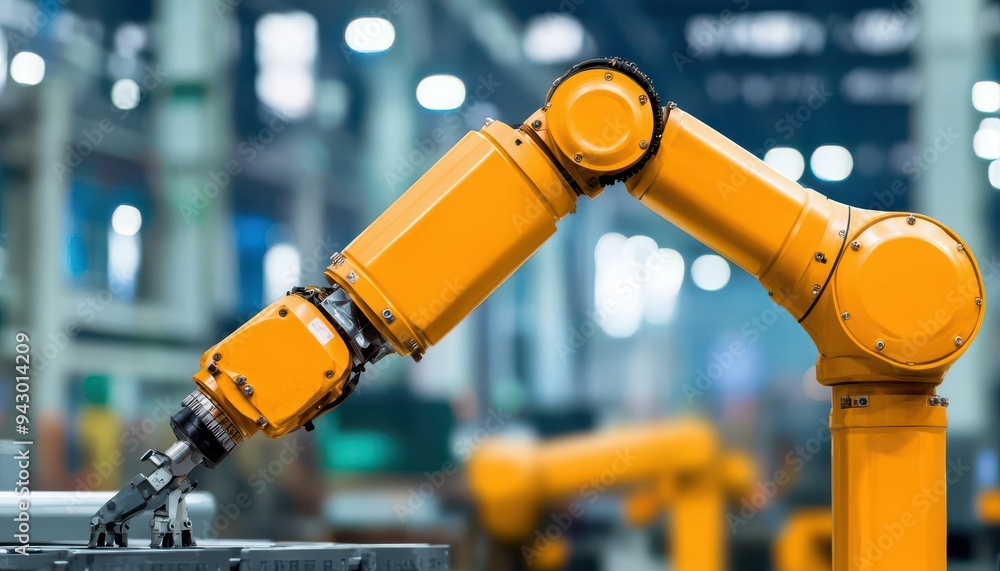 A close-up view of a yellow robotic arm in an industrial setting, showcasing advanced technology in automation and manufacturing. A close-up view of a yellow robotic arm in an industrial setting, showcasing advanced technology in automation and manufacturing.