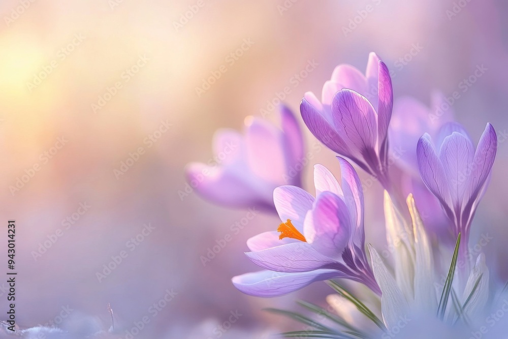 Fototapeta premium Dreamy Crocus Flowers in Bloom with Soft Pastel Background
