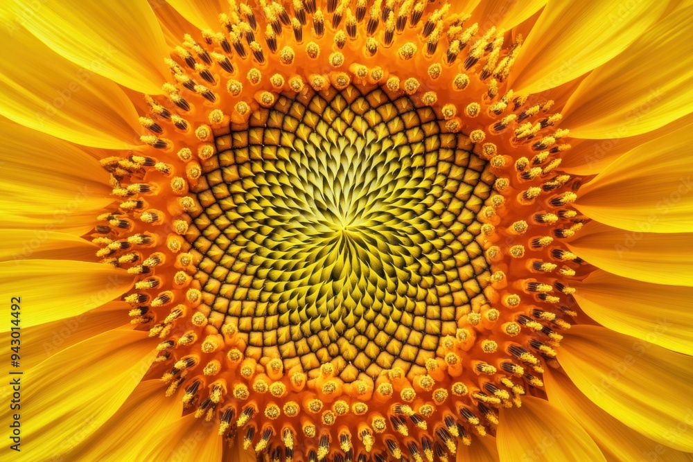 Macro View of Sunflower Center with Geometric Seed Pattern Macro View of Sunflower Center with Geometric Seed Pattern