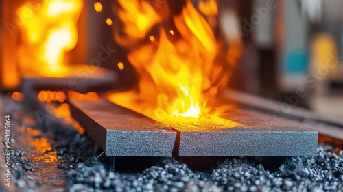 A vibrant image of fiery flames rising from a forge, showcasing an intense blacksmithing process with glowing metal.