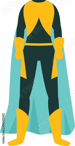 Superhero costume standing with its arms at its sides and wearing a cape and boots