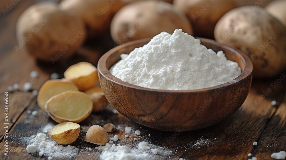 bowl of fine potato flour surrounded by fresh, unpeeled potatoes on a wooden surface. bowl of fine potato flour surrounded by fresh, unpeeled potatoes on a wooden surface.