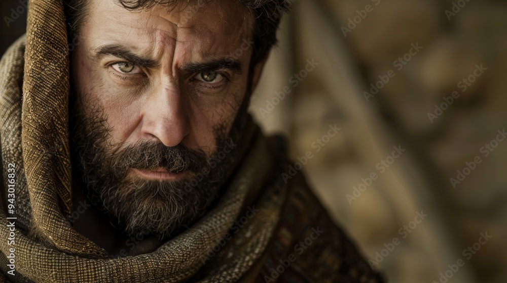 Biblical character portrait. Close-up of a serious man with beard and robe looking at the camera. Biblical character portrait. Close-up of a serious man with beard and robe looking at the camera.