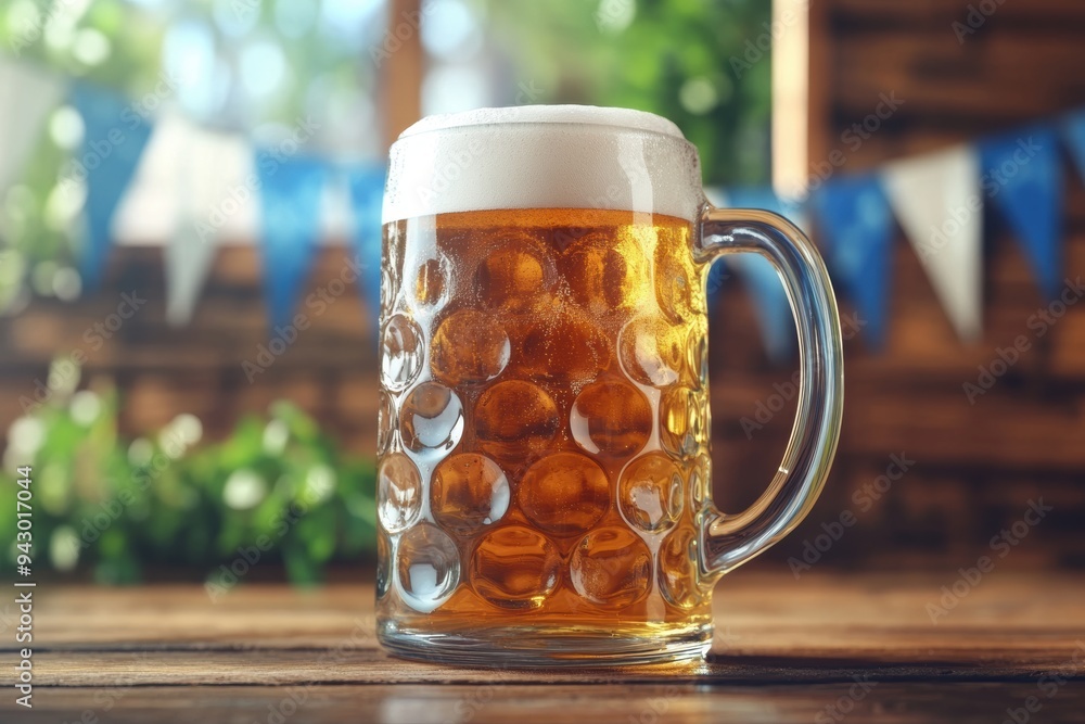 Refreshing beer mug on wooden bar with bunting background Refreshing beer mug on wooden bar with bunting background
