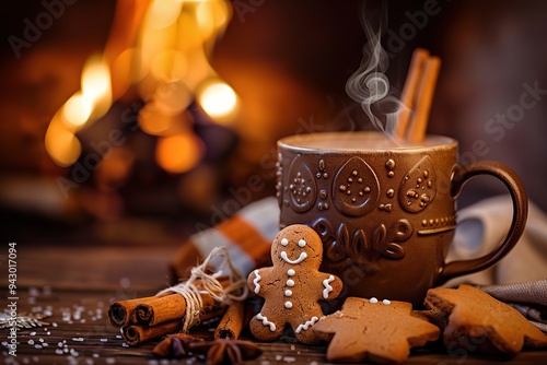 Christmas cup of hot chocolate with marshmallow and gingerbread man cookies with fireplace light bokeh background. Winter mood. Cinnamon sticks, hot steamed coffee on a cozy table desk. Xmas mug photo