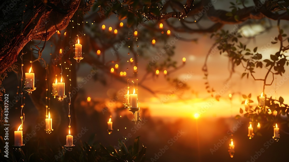 Obraz premium Warm light emanates from candles suspended from a tree during sunset