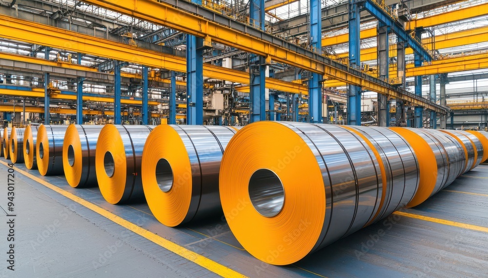 Modern manufacturing facility showcasing large steel rolls stacked in an efficient arrangement, highlighting industrial strength. Modern manufacturing facility showcasing large steel rolls stacked in an efficient arrangement, highlighting industrial strength.