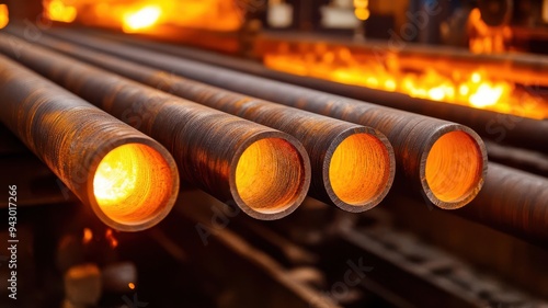 Close-up of glowing metal pipes in a steel mill, showcasing industrial craftsmanship and high-temperature manufacturing processes.