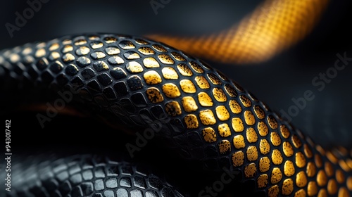 Shiny black and gold snake scales create striking visual contrast, showcasing intricate patterns and textures of reptiles skin. 