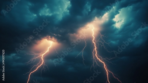 Lightning Bolts Illuminating a Dark Sky During a Heavy Storm