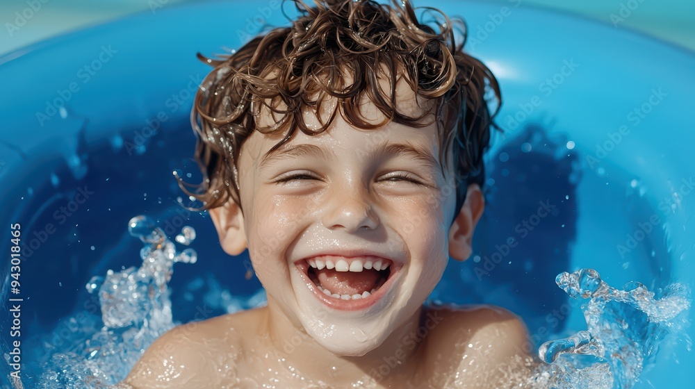 A joyful boy with curly hair laughing in blue inflatable pool, surrounded by water splashes. His expression radiates happiness and carefree fun. A joyful boy with curly hair laughing in blue inflatable pool, surrounded by water splashes. His expression radiates happiness and carefree fun.