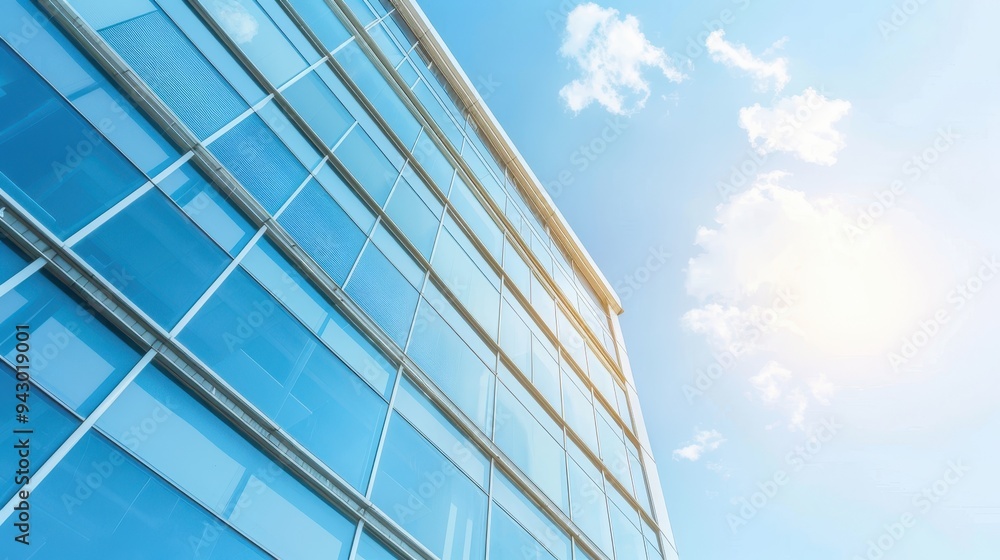 A tall building with a lot of windows and a clear blue sky. The sun is shining brightly on the building A tall building with a lot of windows and a clear blue sky. The sun is shining brightly on the building