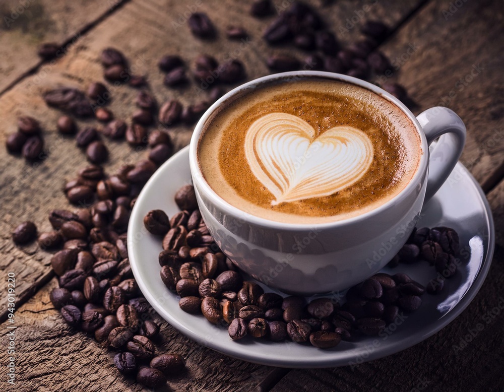 Cup of coffee latte with heart shape and coffee beans on old wooden background. ai generated Cup of coffee latte with heart shape and coffee beans on old wooden background. ai generated