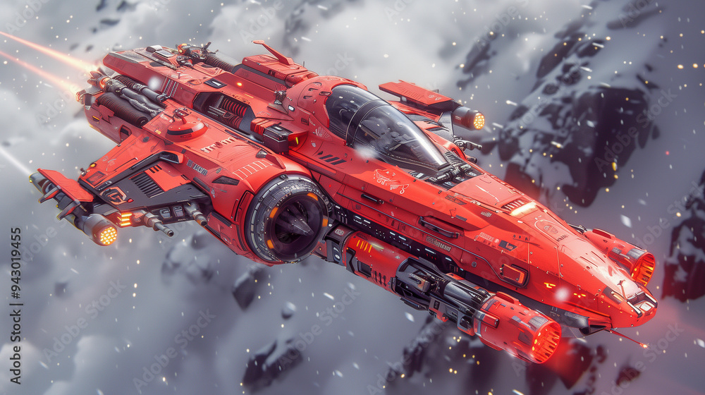 Futuristic Red Spaceship Soaring Through a Snowy Mountain Landscape.. Futuristic Red Spaceship Soaring Through a Snowy Mountain Landscape..