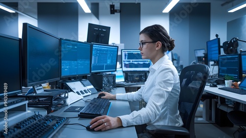 Female Programmer Working in a Monitoring Room.