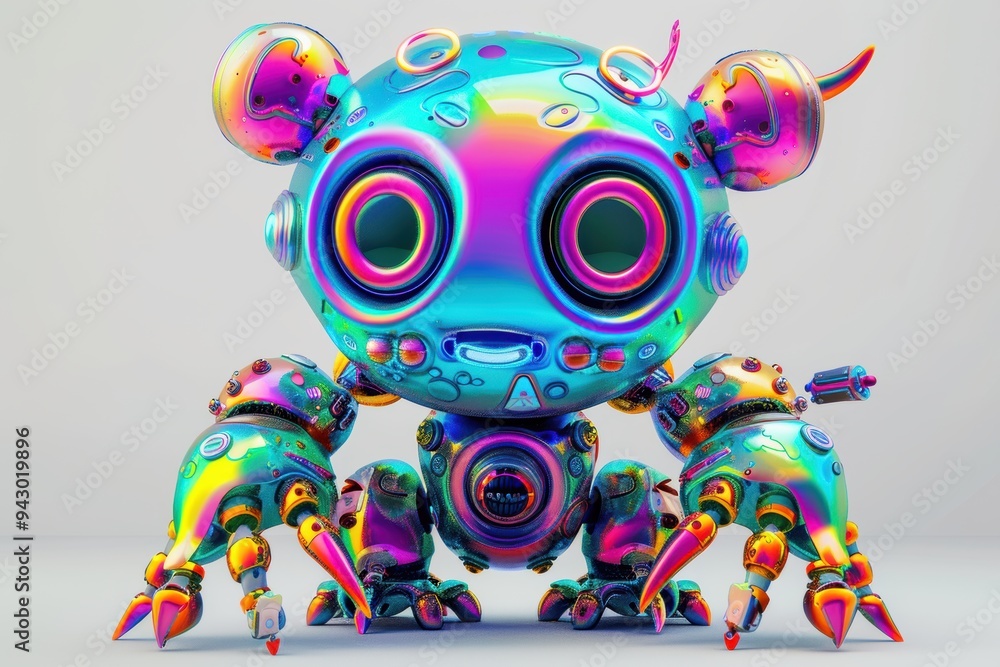 Fototapeta premium 3D monster character with bold colors standing against a white background under studio lighting.