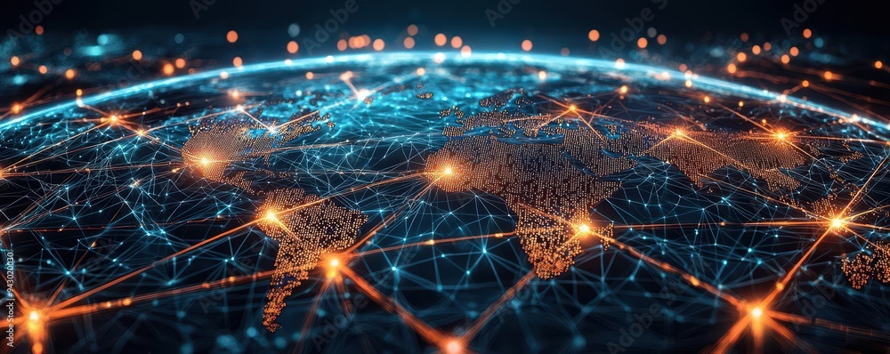 Obraz premium A global network infrastructure visualized as a web of encrypted connections, with secure data nodes glowing across continents