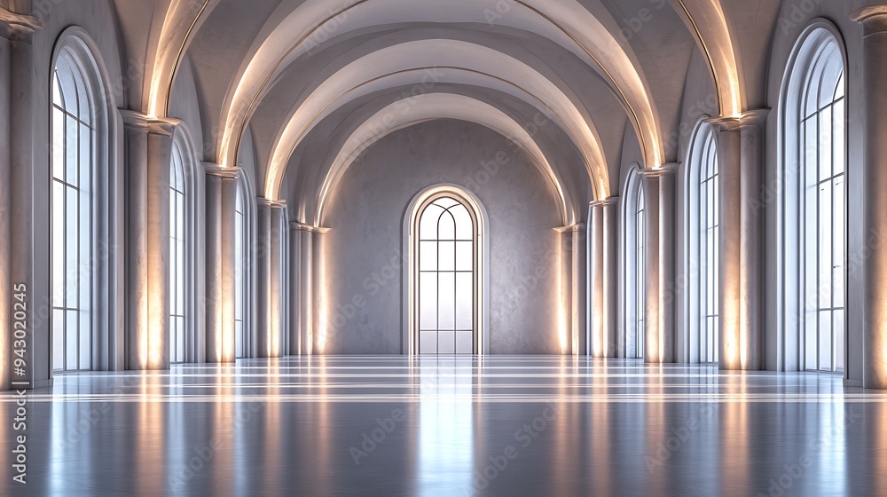 Spacious Empty Reception Hall with Tall Arched Windows, Polished Surfaces, and Soft Ambient Lighting