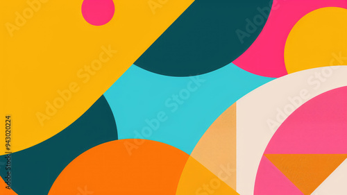 Abstract vibrant background with colorful shapes and curves in orange, pink, blue and yellow