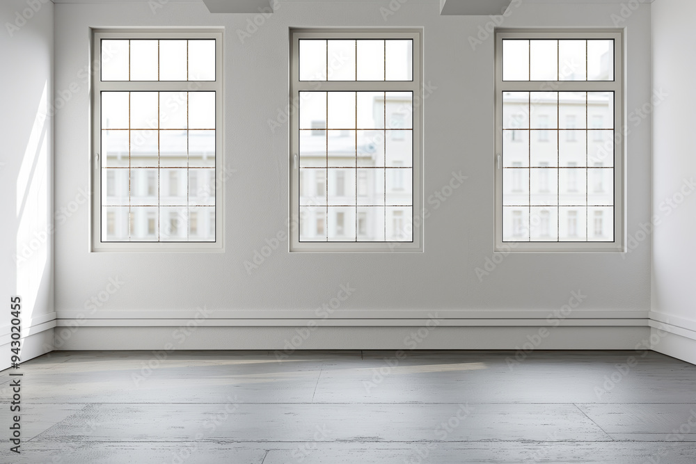 A large empty room with three windows, Mockups A large empty room with three windows, Mockups