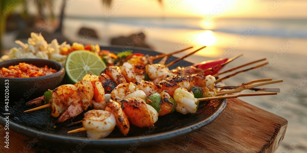 Shrimp skewers on a black plate at sunset. Shrimp skewers on a black plate at sunset.