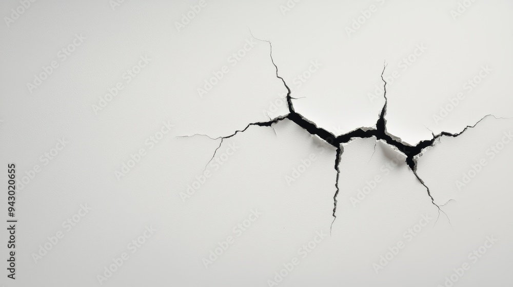 Cracked wall with jagged fracture, conveying sense of damage and neglect. stark contrast between black crack and white wall emphasizes imperfection. 