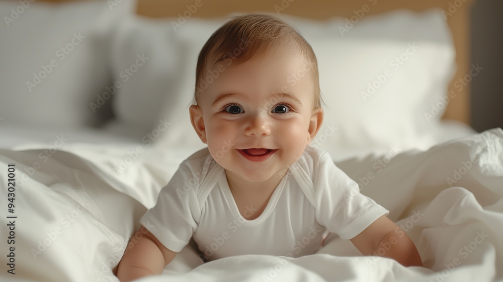 Smiling baby lying on bed, radiating joy and innocence. soft bedding enhances warm atmosphere of happiness. Smiling baby lying on bed, radiating joy and innocence. soft bedding enhances warm atmosphere of happiness.