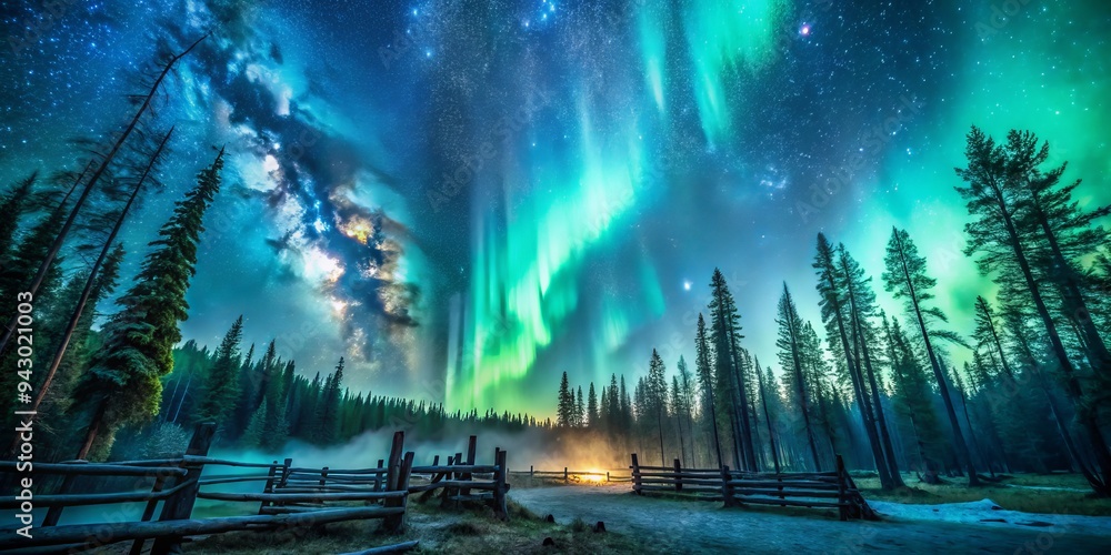 custom made wallpaper toronto digitalAuroral luminescence crackles vibrant turquoise starscapes amidst misty forest silence, eerie shadows, and rustic wooden textures, showcasing celestial wonder in eerie