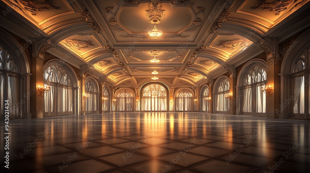 Elegant Empty Event Hall with a Vast Floor Plan, Subtle Lighting Accents, and Ornate Ceiling Designs