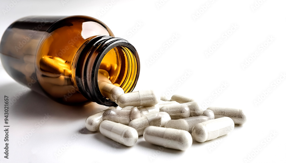 Medicines such as pills and tablets. Magnesium supplements falling from a glass bottle on a white background. Medicines such as pills and tablets. Magnesium supplements falling from a glass bottle on a white background.