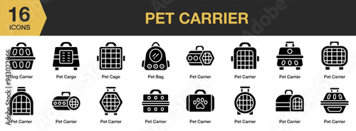 Pet Carrier solid icon set. Includes pet carrier icons and More. Solid icons vector collection.