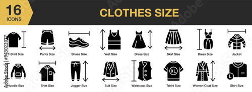 Clothes Size solid icon set. Includes dress size, hoodie, jacket, jogger, pants, and More. Solid icons vector collection.