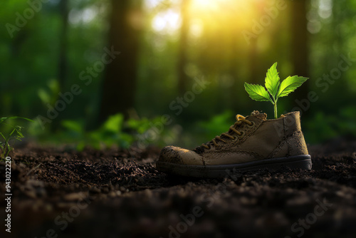 A worn-out shoe emerges from the soil, symbolizing resilience and new beginnings as a fresh green plant sprouts from it, highlighting nature's ability to reclaim. photo