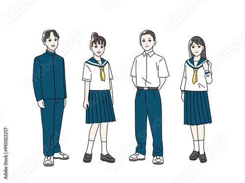 制服を着た笑顔の学生の全身イラストセット
