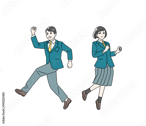 ジャンプをする学生の全身イラストセット