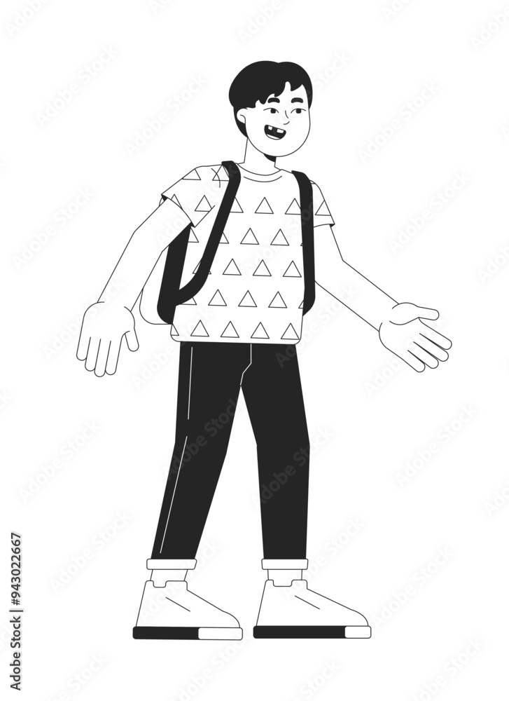 Excited asian schoolboy back to school black and white 2D line cartoon character. Japanese pupil boy isolated vector outline person. Preteen apprentice primary school monochromatic spot illustration Excited asian schoolboy back to school black and white 2D line cartoon character. Japanese pupil boy isolated vector outline person. Preteen apprentice primary school monochromatic spot illustration