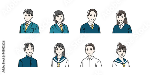 制服を着た学生の上半身イラストセット