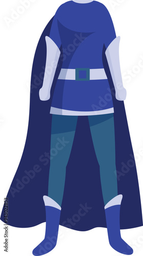 Superhero costume with blue cape and boots standing upright, ready for action and adventure