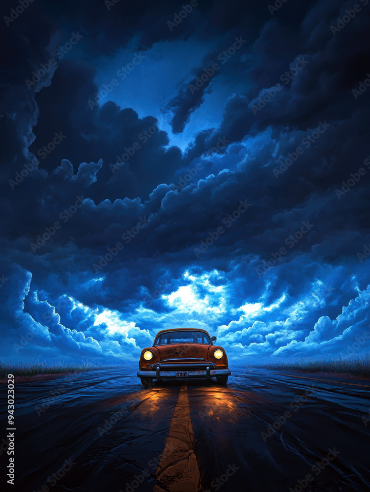 In this captivating scene, an old car rests on a deserted road beneath a dramatic sky filled with swirling clouds, evoking a sense of adventure and nostalgia. In this captivating scene, an old car rests on a deserted road beneath a dramatic sky filled with swirling clouds, evoking a sense of adventure and nostalgia.