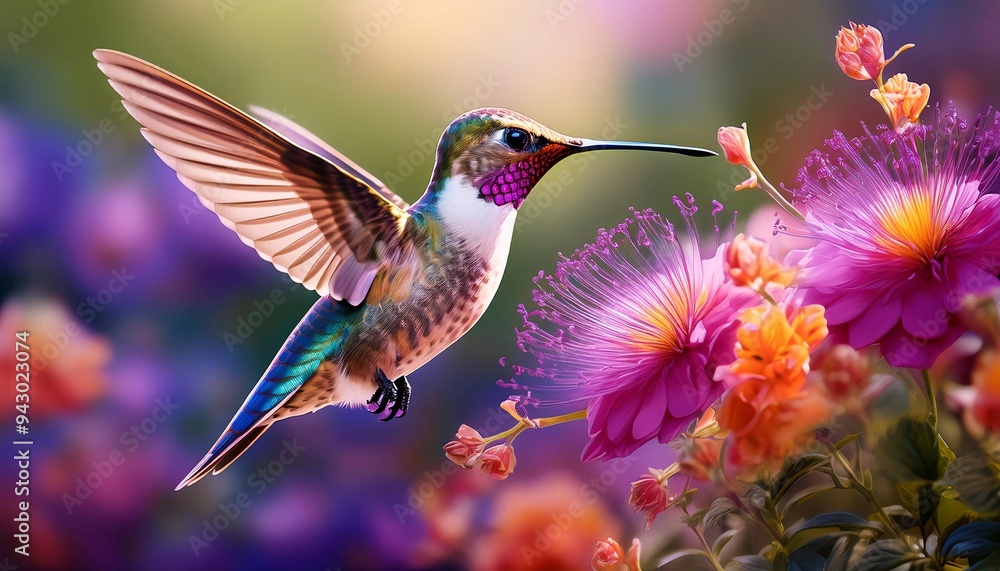 Naklejka premium Hummingbird Flying near Flowers. hummingbird and flower.