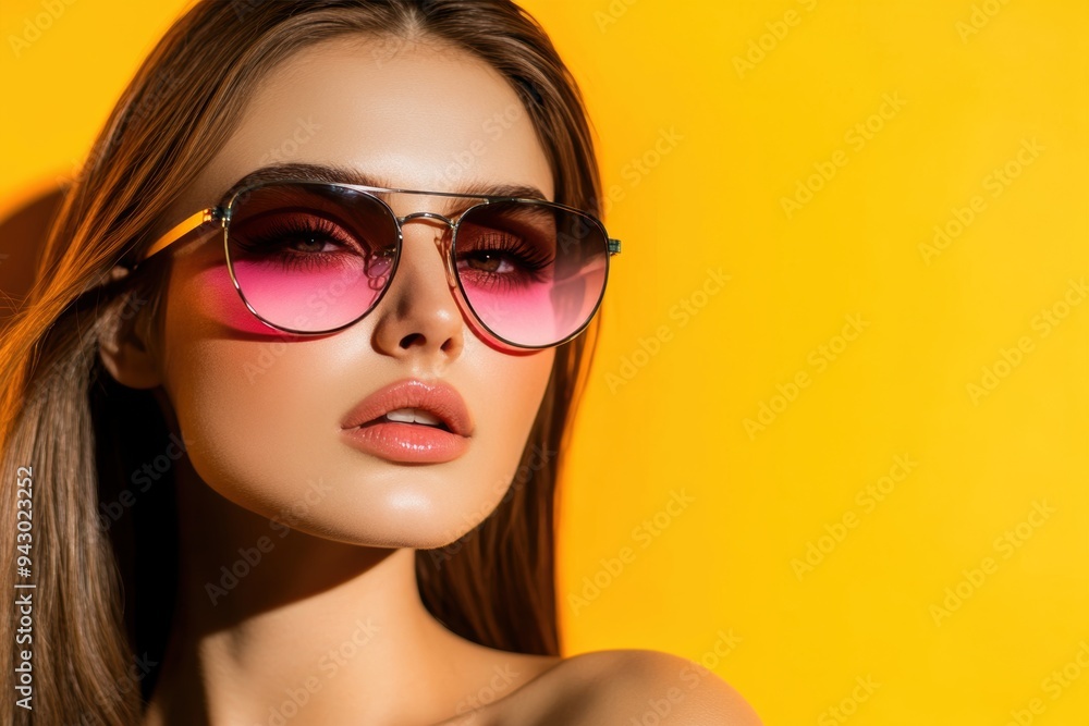 Stylish woman in pink sunglasses yellow background Stylish woman in pink sunglasses yellow background